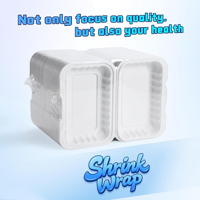YANGRUI Food Containers 9x6 Inch 28 oz 50 Pack - Shrink Wrap Mineral-Filled BPA Free PP Plastic | Reusable Heavy Duty Freezer & Microwave Safe | Restaurant Grade White Clamshell Takeout Container