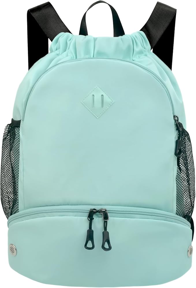 Drawstring Backpack Gym Backpack with Shoe Compartment for Men Women String Sports Bag with Wet Pocket Cinch Swim Beach Bag, Mint Green (Patent Pending)