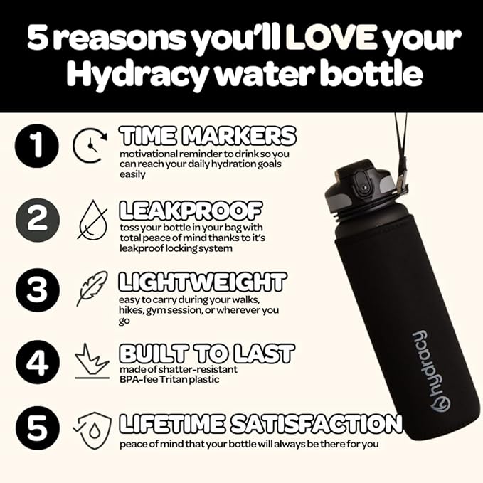 Hydracy Water Bottle with Time Marker -Large BPA Free Water Bottle & No Sweat Sleeve -Leak Proof Gym Bottle with Fruit Infuser Strainer & Times to Drink -Ideal for Fitness Sports & Outdoors