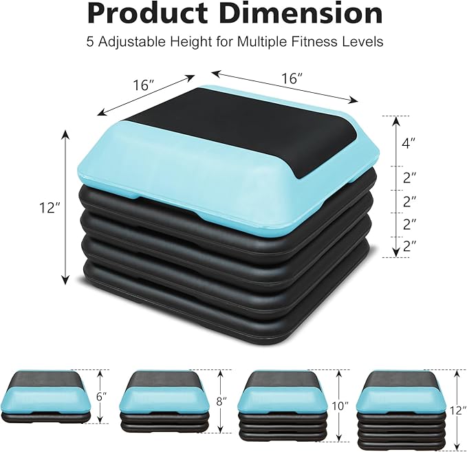16"x16" Exercise Aerobic Step Platform with 4 Risers, Adjustable Height 4"-6"-8"-10"-12" Workout Stepper for Home Gym Fitness Strength & Training