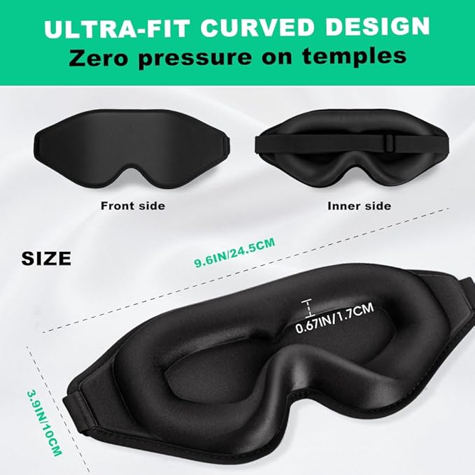 3D Sleep Mask for Side Sleepers, Blackout & Zero Pressure - Breathable Memory Foam, Lash Extensions Friendly - Adjustable for Travel, Yoga & Deep Sleep Black