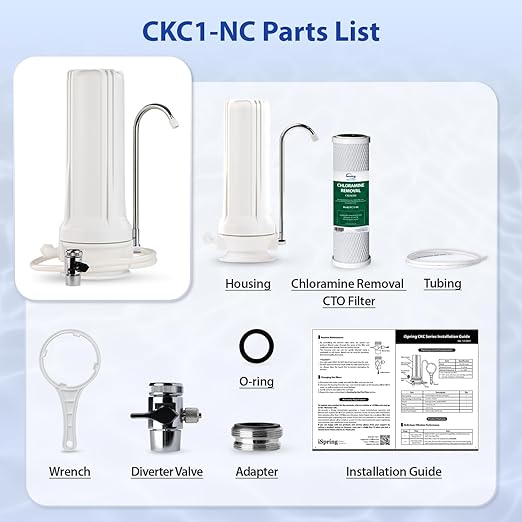 iSpring CKC1-NC SGS-Tested Countertop Water Filter, Drinking Water Filtration System for Faucet, Reduces Chloramine, Bad Odors, Sediment, and 99% of Chlorine, White (Filter Included)