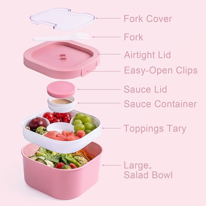 All-in-One Bento Box Container - Large 61-oz Adult Lunch Box with Bag, 4-Compartment Bento-Style Tray, 3-oz Sauce Container, and Reusable Fork - Dishwasher, Microwave (Pink)