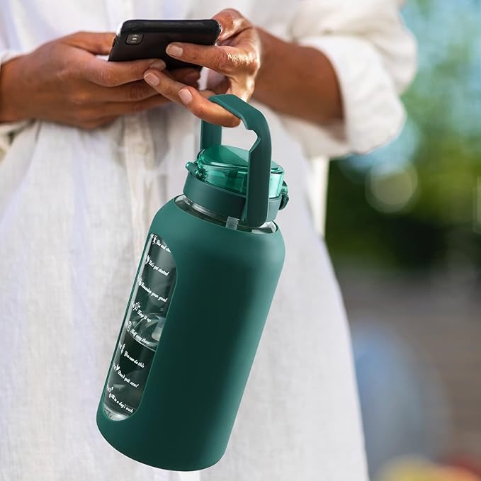 SIEROZUR 74oz Glass Water Bottle with Straw and Lid Large Gallon Water Jug with Silicone Sleeve and Handle 2.2 liter Wide Mouth Bottle with Time Marker for Gym Sports& Workout