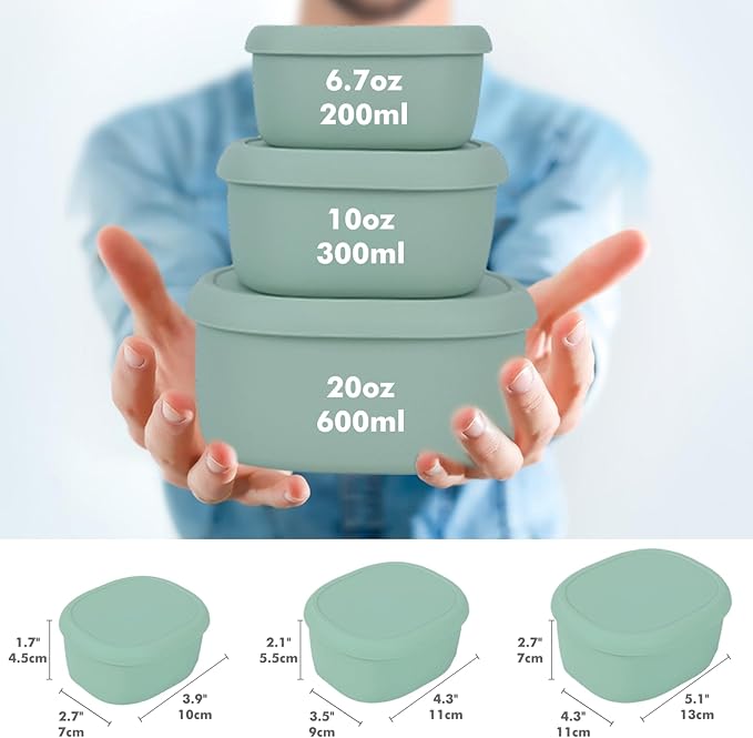 Anatole Silicone Food Storage Containers Set of 3 Lunch Box Bento with Lids BPA Free Dishwasher Microwave Oven Freezer Safe (6.7oz, 10oz, 20oz)