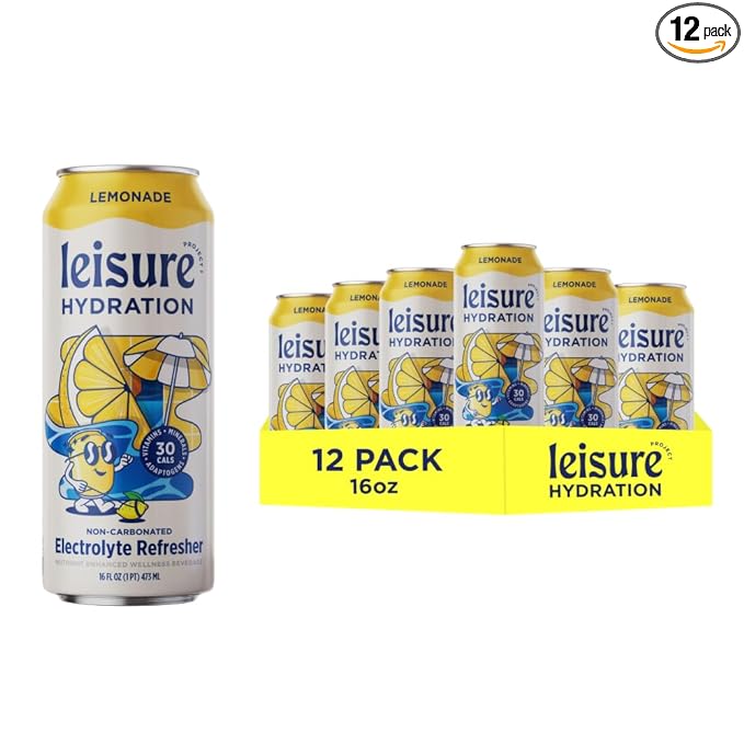 Leisure Hydration Non-Carbonated Electrolyte Refresher, Lemonade Flavor - Low Sugar Nutrient Enhanced Water Beverage - Get The Best Hydration Packed w/ Magnesium & Ashwagandha For Mood & Stress Support, Non-GMO, 16 oz (12-Cans)