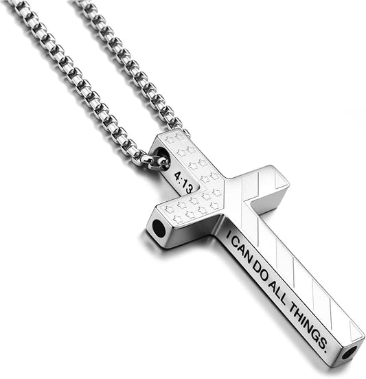 American Flag Cross Breathing Necklace for Women Men Quit Stop Smoking Stainless Steel Inspirational Bible Verse Anxiety Relief Mindfulness Jewelry for Stress Relief Christian Meditation Gift