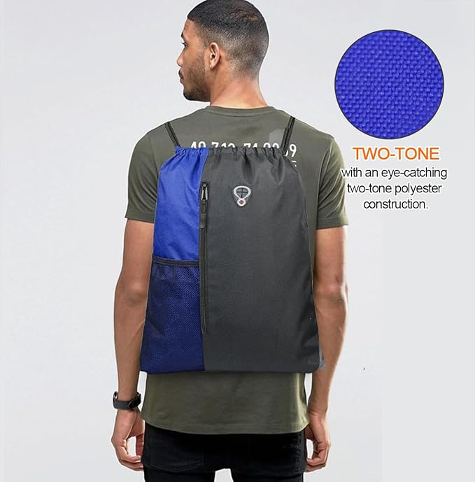 BeeGreen Royalblue Drawstring Backpack Gym Bag For Men & Women – Sports Sackpack with Mesh Water Bottle Holder & 2 Zippered Pockets – Large 16x20 Inch Cinch String Backpack