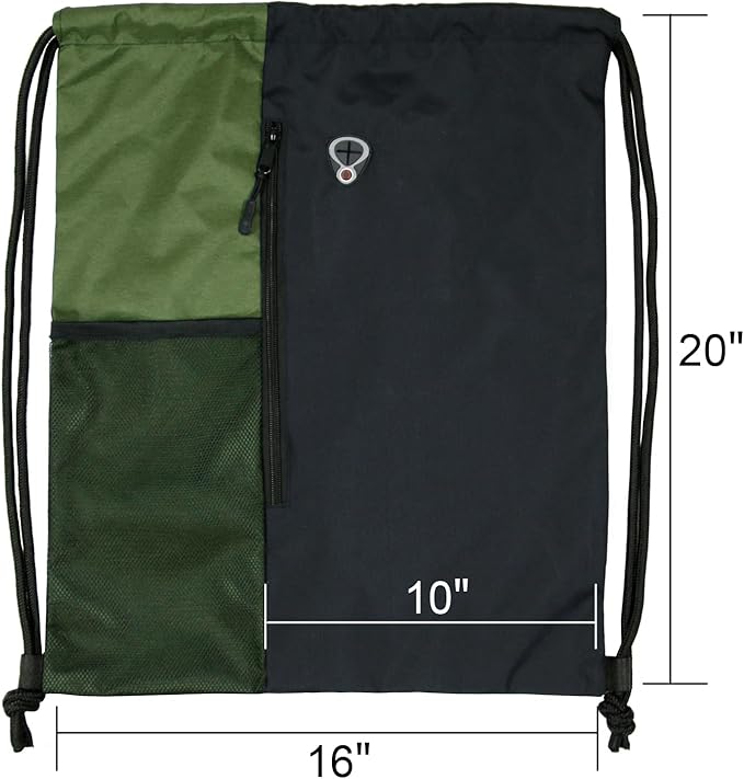 BeeGreen Moss Green Drawstring Backpack Gym Bag For Men & Women – Sports Sackpack with Mesh Water Bottle Holder & 2 Zippered Pockets – Large 16x20 Inch Cinch String Backpack