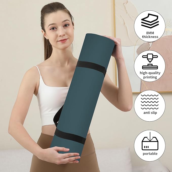 HAHE Yoga Mat Thick (8MM,1/3"), Eco-Friendly POE Non Slip Yoga Mat, High Rebound & Shock Absorption, Anti-Tear & Sweat-Resistant for Yoga, Fitness, Home, Workouts, Large Pilates Mats 72"x24" with Carrying Strap