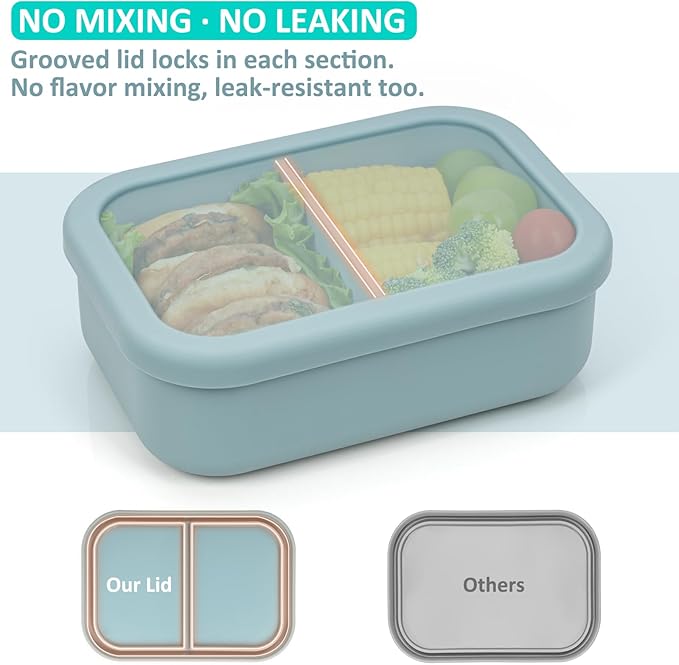 100% Silicone Bento Box Adult with 2 Compartments, 24oz, Reusable Small Divided Lunch Box Meal Prep Containers for Food Snack Storage, BPA-Free Plastic-Free, Microwave Dishwasher safe, Green