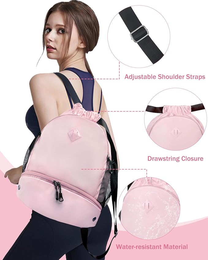 Drawstring Backpack Gym Backpack with Shoe Compartment for Men Women String Sports Bag with Wet Pocket Cinch Swim Beach Bag, Pink (Patent Pending)