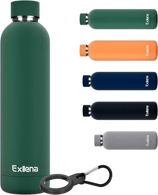 Slim Insulated Water Bottles for Travel 32oz with Clip, Double Wall Vacuum Stainless Steel Water Bottle Keeps Drinks Cold 24 Hrs/Hot 12 Hrs, 100% Leakproof, BPA Free(Emerald Green)