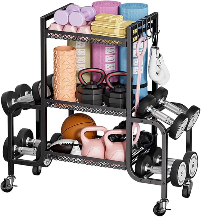 Dumbbell Rack, Adjustable Weight Rack with Hooks and Rolling Wheels, Workout Equipment Storage, Home Gym Storage for Dumbbell Yoga Mat Foam Roller Kettlebells Resistance Bands