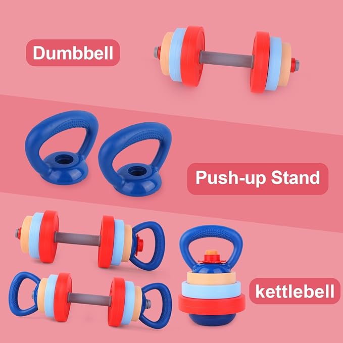 Kids Exercise Equipment With 2 Dumbbells and Kettlebell - Adjustable Workout Toy Equipment for Children Pretend Play Exercise - Toddler Beginner Gym & Fitness Family Games for Birthday Gifts