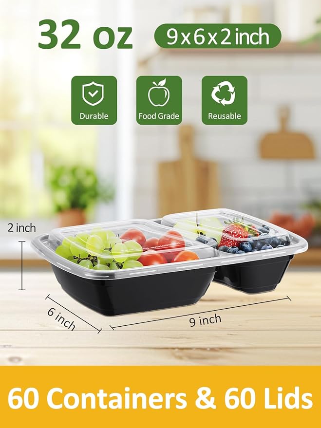 60 Sets 32oz Meal Prep Containers 2 Compartment - Plastic Food Storage Containers 2 Compartments with Lids