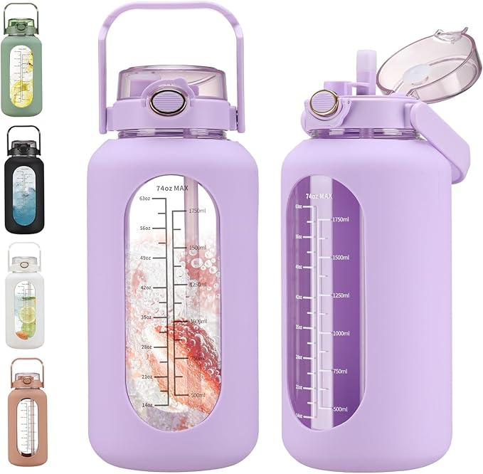 74 oz Glass Water Bolttles with Straw Large Motivational Water Bottle with Time Marker Sports Water Bottles with Silicone Sleeve and Handle Lid 2.2L Water Jug for Gym Workout