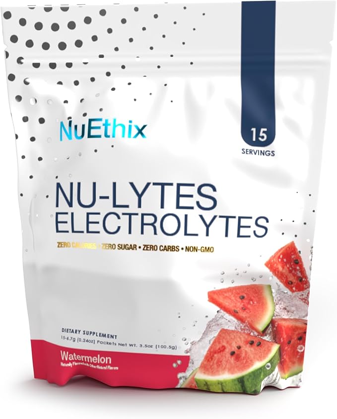 NuEthix Formulations NU-LYTES Electrolytes Hydration Packets, Zero Calories, Zero Sugar, Zero Carbs, Non-GMO, Electrolytes Powder Packets, Glycogen Replenishment, 15 Servings (Watermelon)