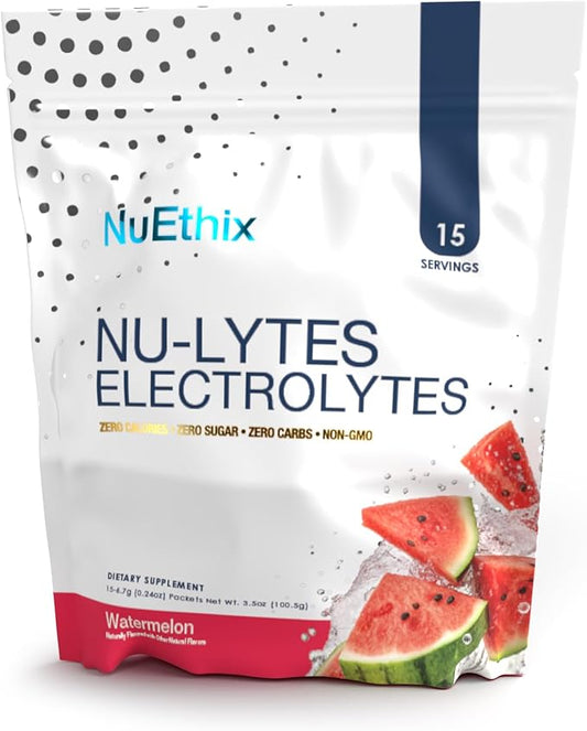 NuEthix Formulations NU-LYTES Electrolytes Hydration Packets, Zero Calories, Zero Sugar, Zero Carbs, Non-GMO, Electrolytes Powder Packets, Glycogen Replenishment, 15 Servings (Watermelon)