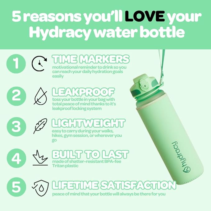 Hydracy Water Bottle with Time Marker -Large BPA Free Water Bottle & No Sweat Sleeve -Leak Proof Gym Bottle with Fruit Infuser Strainer & Times to Drink -Ideal for Fitness Sports & Outdoors