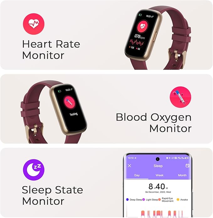 Fitness Tracker with 24/7 Heart Rate, Blood Oxygen, Sleep Monitor, 3ATM Waterproof Fitness Watch/Smart Watch/Activity Tracker, Pedometer/Step Counter, Calorie Tracker for Women, Wine Red