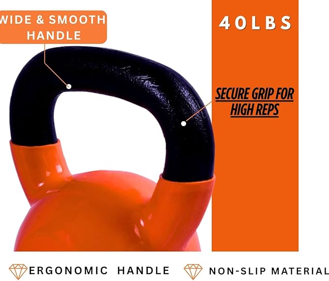 BESEA Orange Vinyl Coated Kettlebell 20~45LBS, Wide Grip Handle, Stable Flat Base, Strength Training, Durable kettle bells