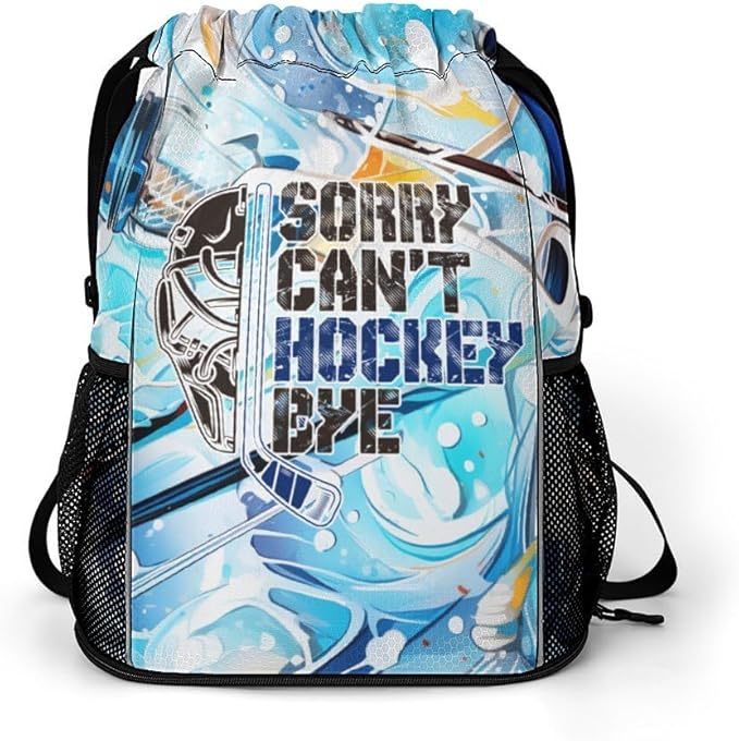 Hockey Drawstring Backpack - Cool Cinch Sack, String Backpacks with Pocket for Kids Women Men Boys Girls for Gym Outdoor Sports Travel Athletic Drawstring Bag - Lightweight/Foldable