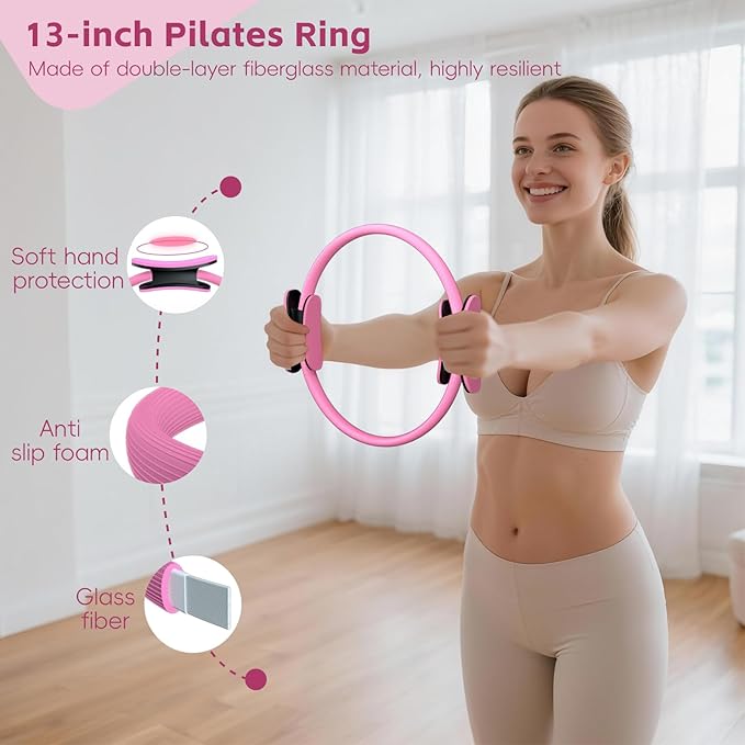 KABCON Pilates Equipment Essentials Set for Women at Home with Complete User Guide,13” Pilates Ring,9.8” Exercise Ball,Resistance Bands,Yoga Socks,Yoga Strap,13/14/16-Pcs Starter Workout Set