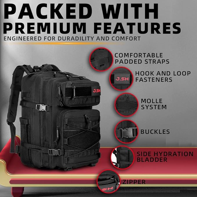 J.SH 45L Large Capacity 3-Day Tactical Backpack, Waterproof & Tear-Resistant, MOLLE System, Adjustable Straps (chest strap and waist strap), Hiking Backpack for Men & Women - Black