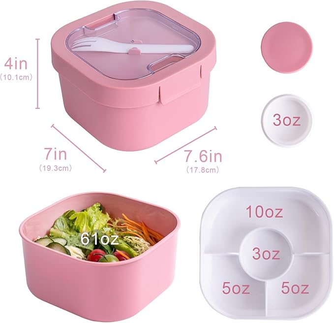 All-in-One Bento Box Container - Large 61-oz Adult Lunch Box with Bag, 4-Compartment Bento-Style Tray, 3-oz Sauce Container, and Reusable Fork - Dishwasher, Microwave (Pink)