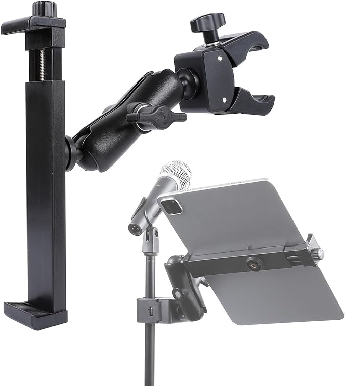iPad Holder - Side Mount Tablet Holder for Mic Stand, Dual 360 Rotatable Adjustable for iPad Pro 12.9 Air Mini and Other 6.5-15" Tablets