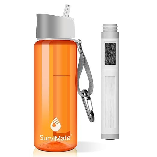 SurviMate 5-Stage 0.01μm Ultra-Filtration Filtered Water Bottle, BPA-Free Material, NSF/ANSI 42&372 Certified, Portable Water Filter Bottle for Survival, Camping, Hiking, and Emergency Use