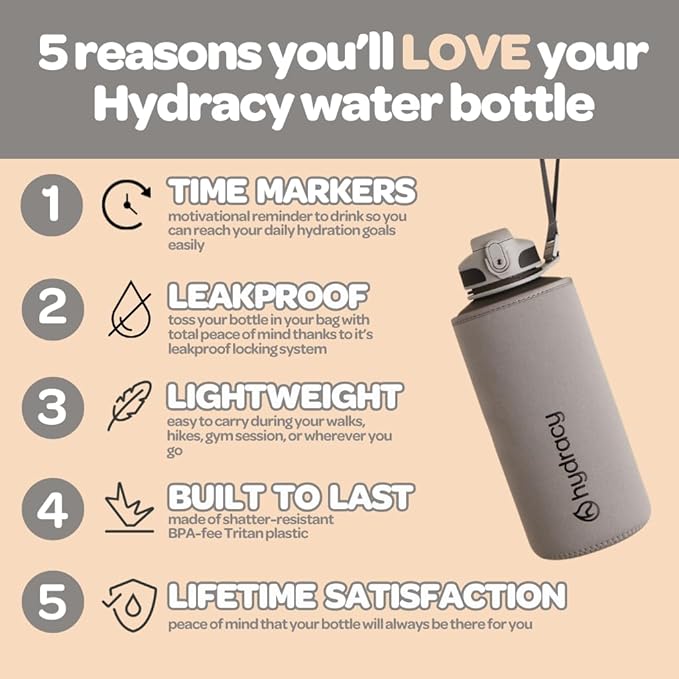 Hydracy Water Bottle with Time Marker -Large BPA Free Water Bottle & No Sweat Sleeve -Leak Proof Gym Bottle with Fruit Infuser Strainer & Times to Drink -Ideal for Fitness Sports & Outdoors