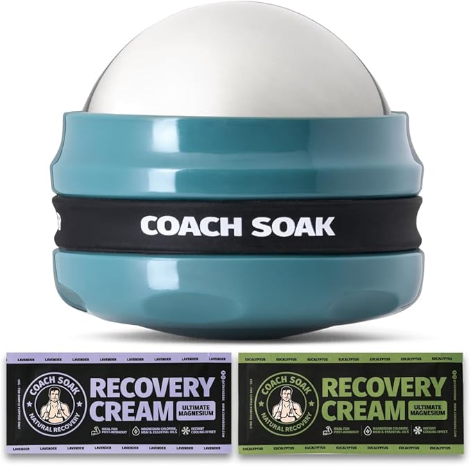 Coach Soak Massage Roller Ball – Dual Hot & Cold Stainless Steel CryoBall with Silicone Control Grip, Handheld Recovery Roller Glides Easily for Deep Tissue Massage – 2X Magnesium Cream Included