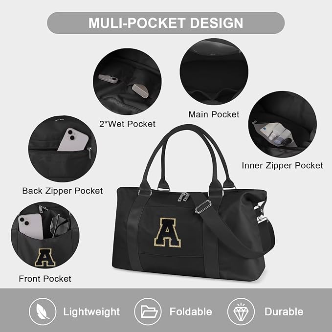 Dance Gym Duffel Bag for Teen Girls, Personalized Initial Travel Weekender Bag,Cute Overnight Carry On Duffle for Women,Sports Travel Cheer Bag,Monogram Christmas Gifts for Tween Preppy(black-A)