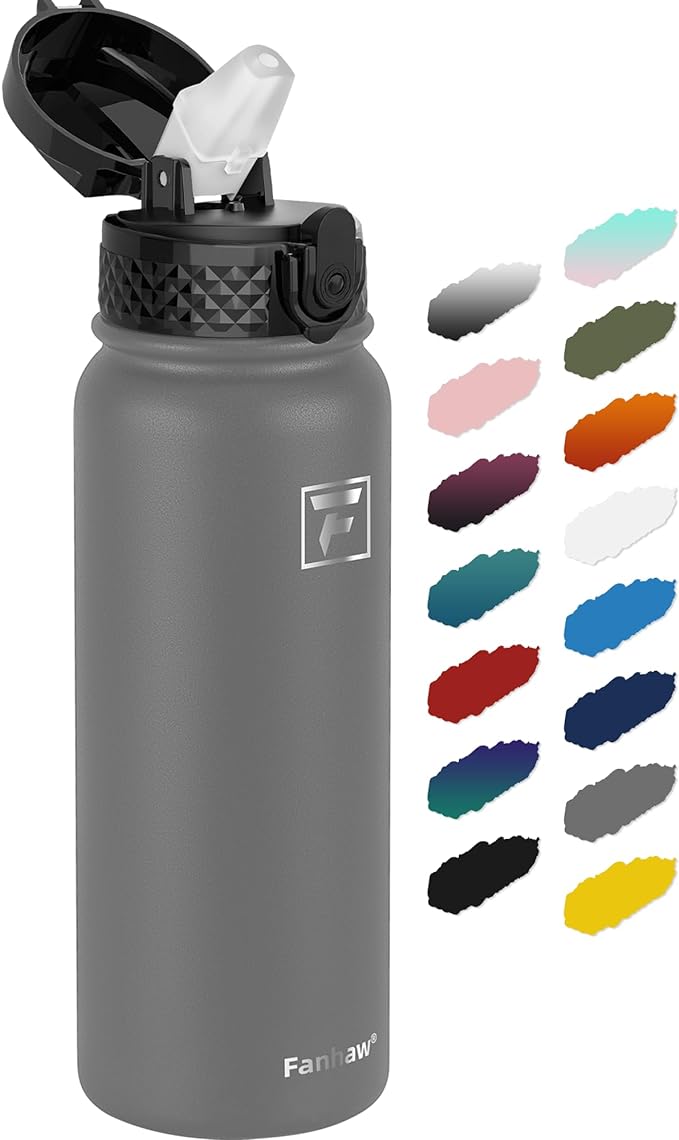 Fanhaw 20 Oz Stainless Steel Insulated Sports Water Bottles with Straw for Kids, Men and Women (Gray)
