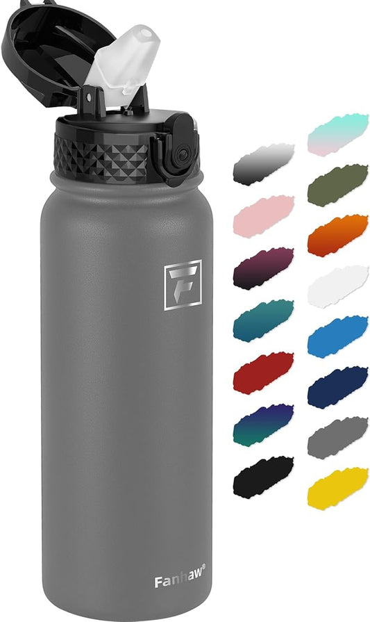 Fanhaw 20 Oz Stainless Steel Insulated Sports Water Bottles with Straw for Kids, Men and Women (Gray)