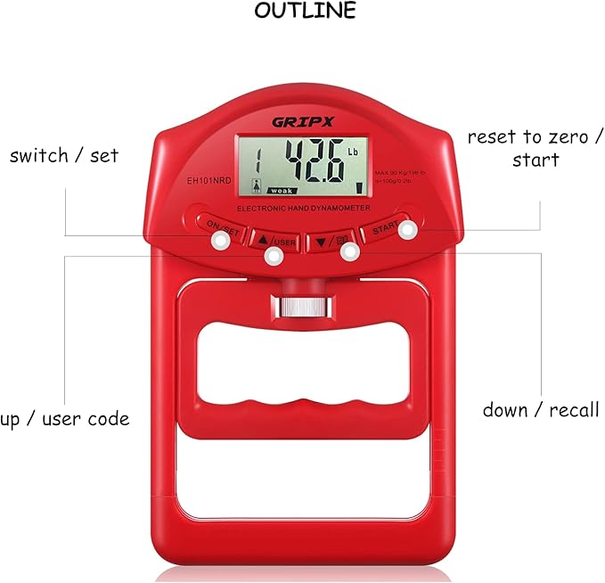 GRIPX Digital Hand Dynamometer Grip Strength Measurement Meter Auto Capturing Electronic Hand Grip Power 198Lbs / 90Kgs