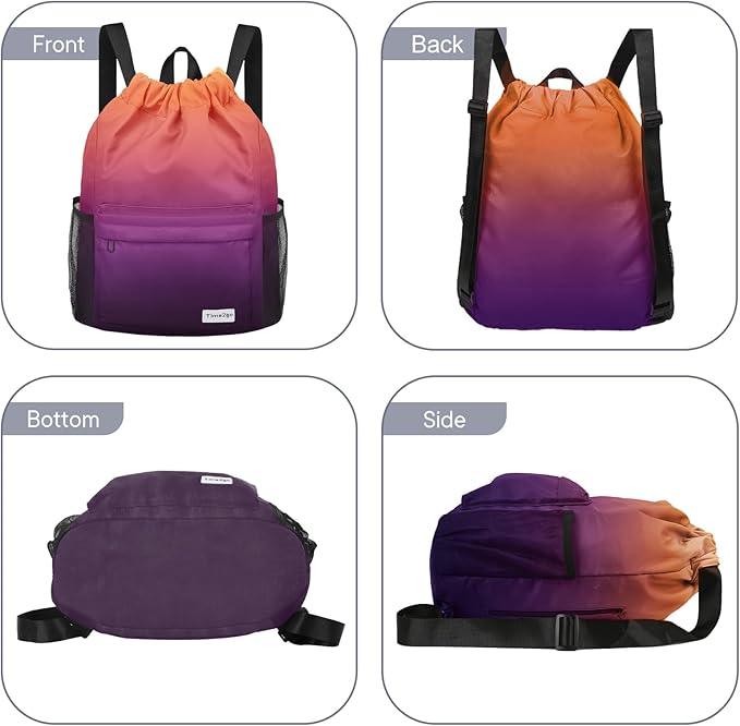 Drawstring Backpack Sports Gym Sackpack with Mesh Pockets Water-Resistant String Cinch Beach Bag for Men Women(Orange Purple)