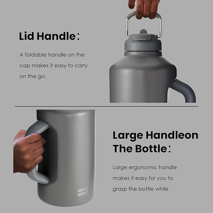 BOTTLE BOTTLE Insulated Water Bottle 64 oz with Straw and Dual-use Lid Stainless Steel Water Bottle for Men with Handle Vacuum Insulated Beer Growler for Workout Sports Soccer gray