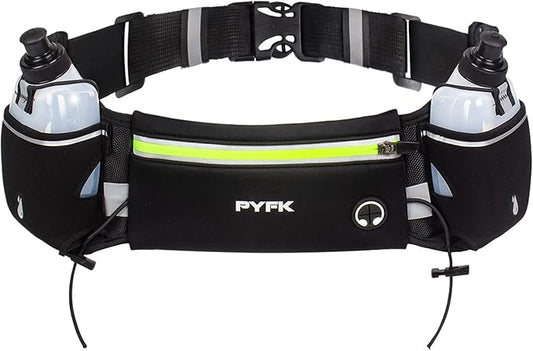 PYFK Running Belt with Water Bottles, Hydration Belt for Men and Women, Water Bottle Holder Running Pouch Water Belt, Fanny Pack Fits 7 inches Phones, Waist pack for Runner Jogging