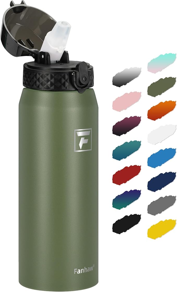 Fanhaw 24 Oz Stainless Steel Insulated Sports Water Bottles with Straw for Kids, Men and Women (Olive Green)