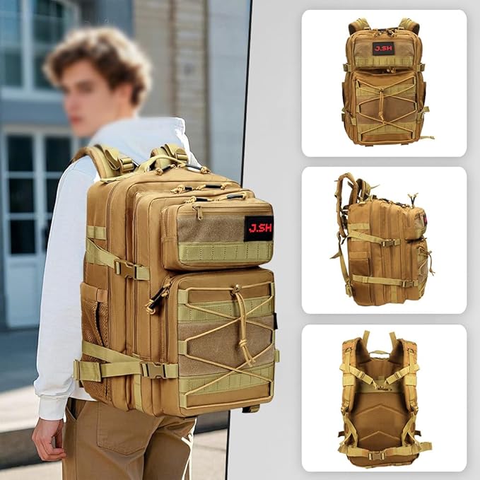 J.SH 45L Large Capacity 3-Day Tactical Backpack, Waterproof & Tear-Resistant, MOLLE System, Adjustable Straps (chest strap and waist strap), Hiking Backpack for Men & Women - Khaki