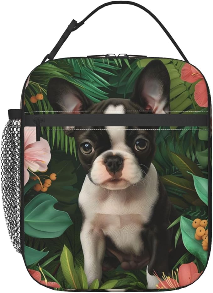 Cute Dog Lunch Box for Kids,Puppy Insulated Bag for Student,Pet Lovers Reusable Thermal Insulation Cooler Tote Bags for School Work Picnic Camping Outdoor Gifts (Boston Terrier and Lush Floral)