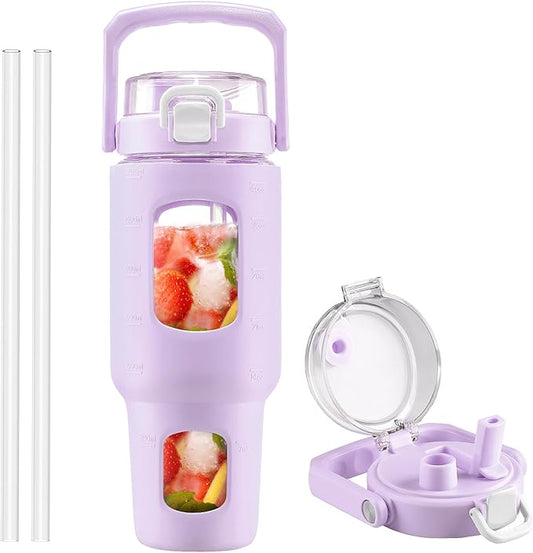 BLUEGO 40 oz Glass Water Bottle with Straw, Leakproof and Time Marker, Wide Mouth for Travel, Gym, Workout, Purple