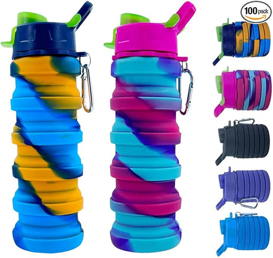 Collapsible Silicone Water Bottles 2 Pack - 500ml Portable Expandable Sport Bottle with Carabiner for Travel & Camping (Yellow Camouflage + Rose Red)