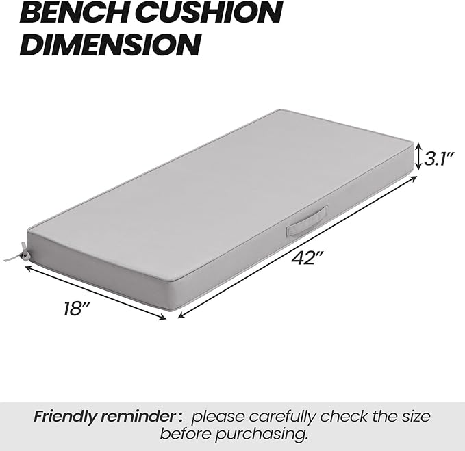 Crestlive Products Outdoor Bench Cushion 42 x 18 Inch, Waterproof Patio Bench Cushions for Outdoor Furniture, Porch Swing Replacement Pad with 30D Foam, Adjustable Straps and Portable Handle, Gray