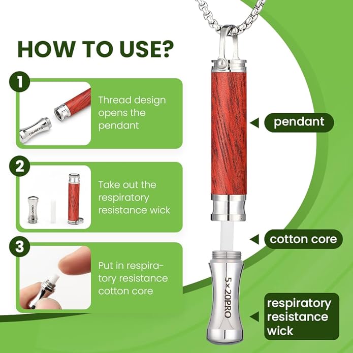 Breathing Necklace to Quit Smoking, Wood Breathing Necklace for Anxiety, Stress Relief, Stop Smoking, Includes Replaceable Unscented Cotton Filters