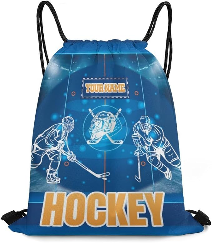 Custom Hockey Drawstring Backpack - Cool Cinch Sack, String Backpacks for Kids Women Men Boys Girls for Gym Outdoor Sports Travel Athletic Drawstring Bag - Lightweight/Foldable