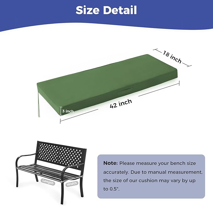 Outdoor Bench Cushions for Outdoor Furniture, 42x18x3 Inch, Waterproof Bench Pillow, Fade Resistant Long Bench Seat Pads for Garden, Indoor, Porch Swing, Army Green